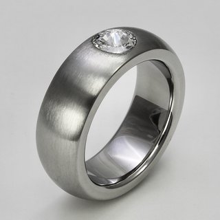 Ring aus mattiertem und poliertem Edelstahl mit hochwertig geschliffenem weien Glasstein - 8 mm - Fingerring - Gre 54