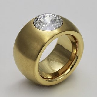 Breiter Ring aus vergoldetem Edelstahl - weier hochwertig geschliffener Glasstein - 14mm - abgerundet - Gre 52